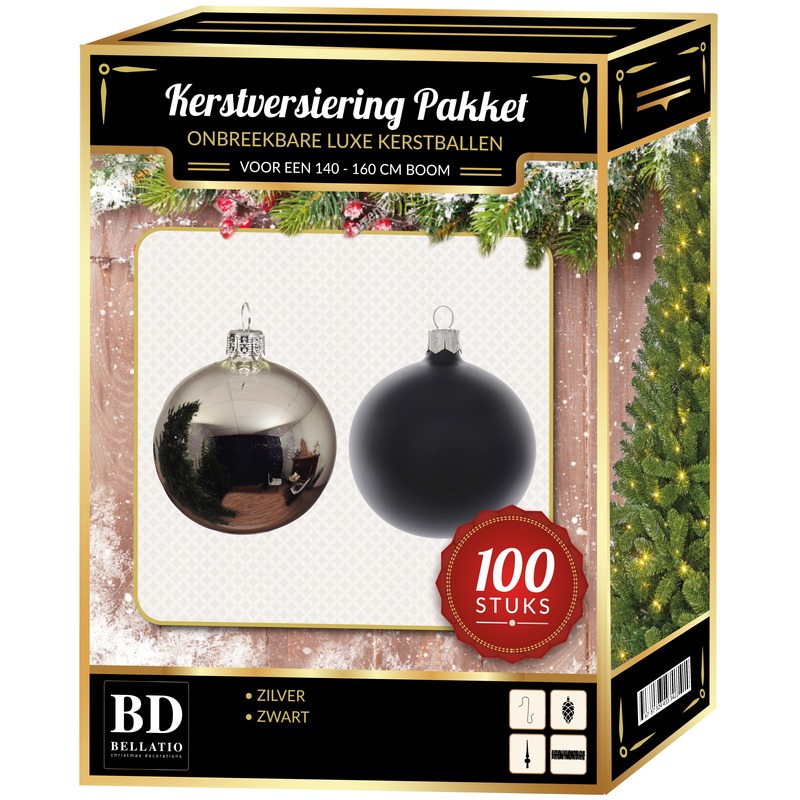 100 stuks Kerstballen mix zilver zwart voor 150 cm boom