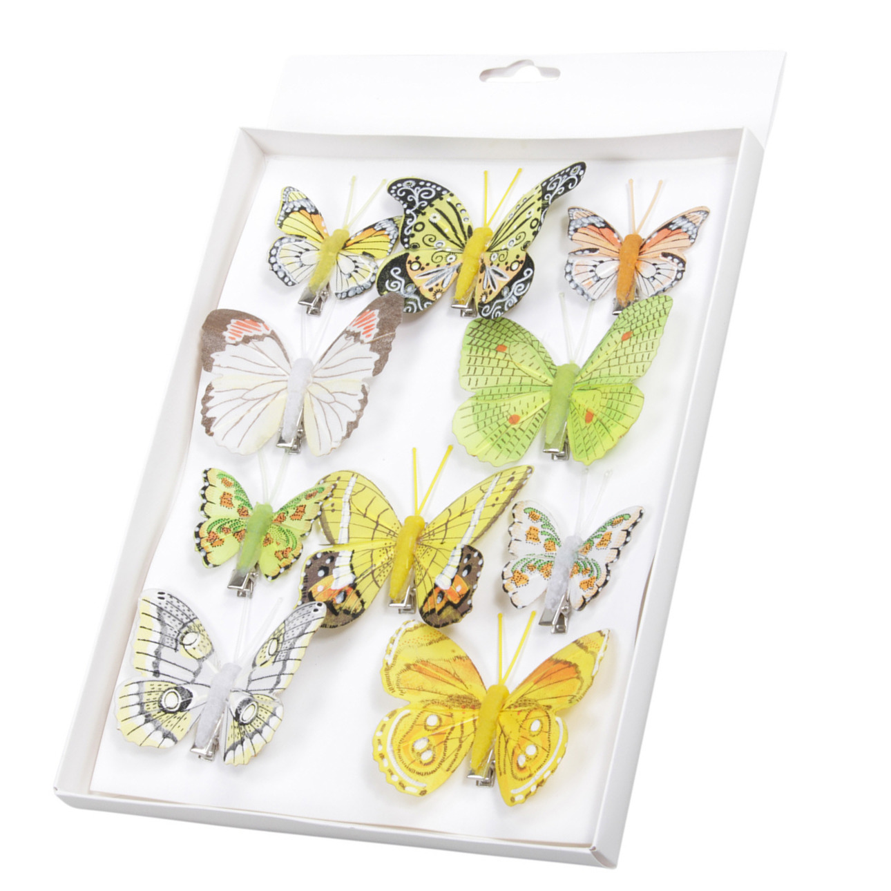 10x stuks decoratie vlinders op clip geel groen 5 tot 8 cm