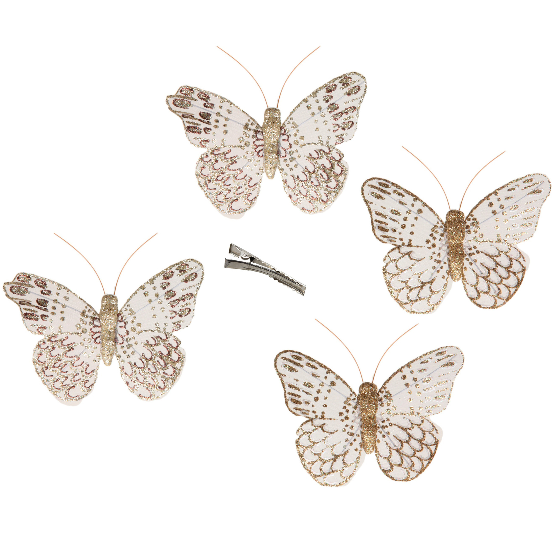 12x stuks decoratie vlinders op clip goud glitter 10 x 8 cm