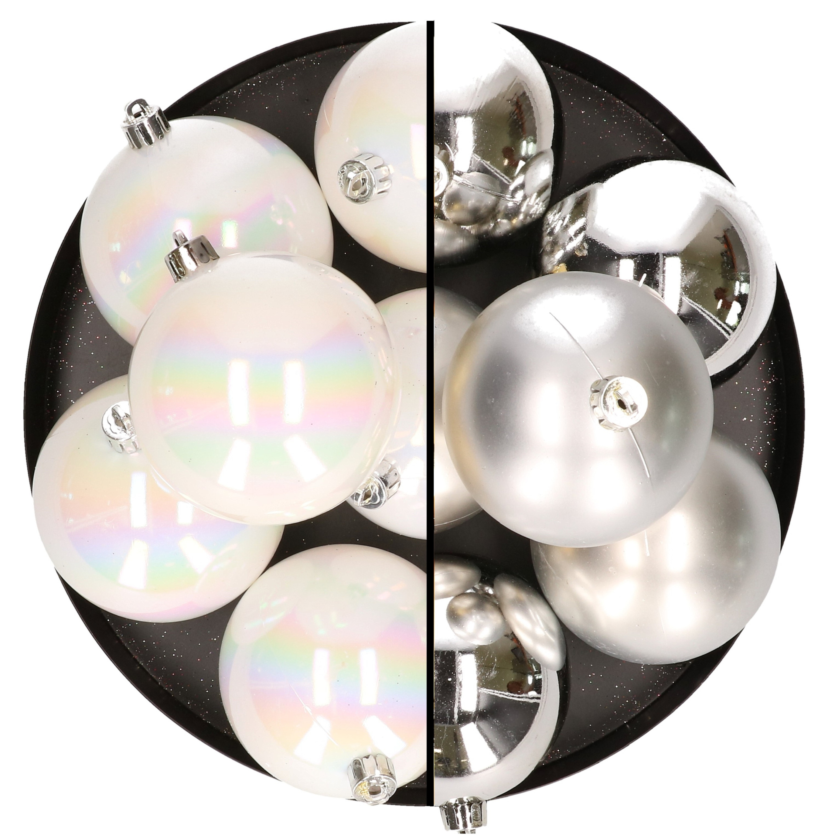 12x stuks kunststof kerstballen 8 cm mix van parelmoer wit en zilver