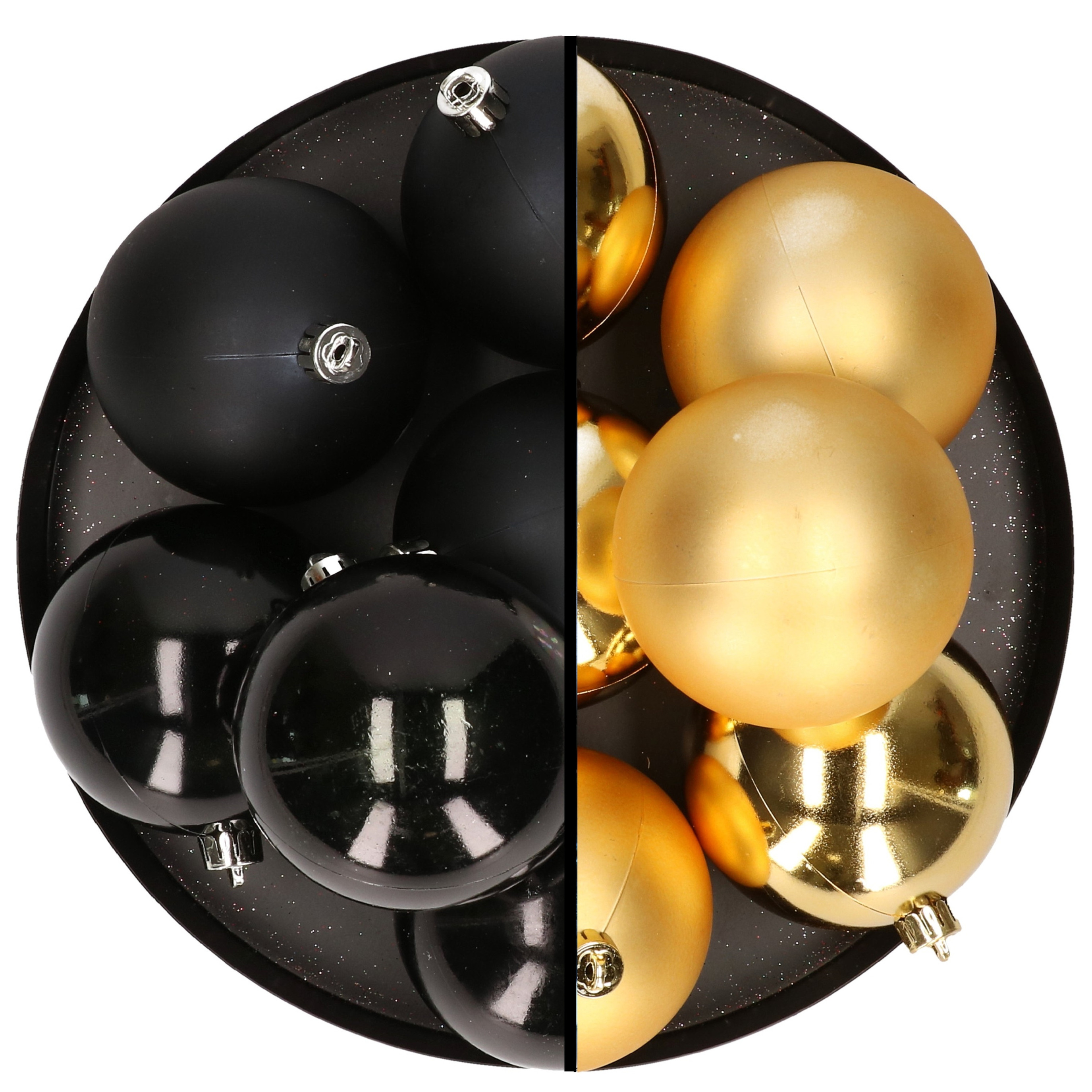 12x stuks kunststof kerstballen 8 cm mix van zwart en goud