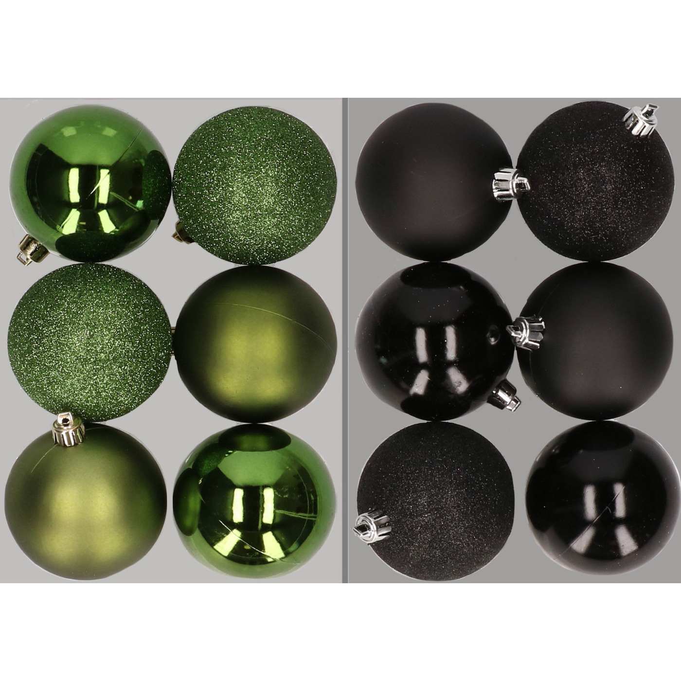 12x stuks kunststof kerstballen mix van appelgroen en zwart 8 cm