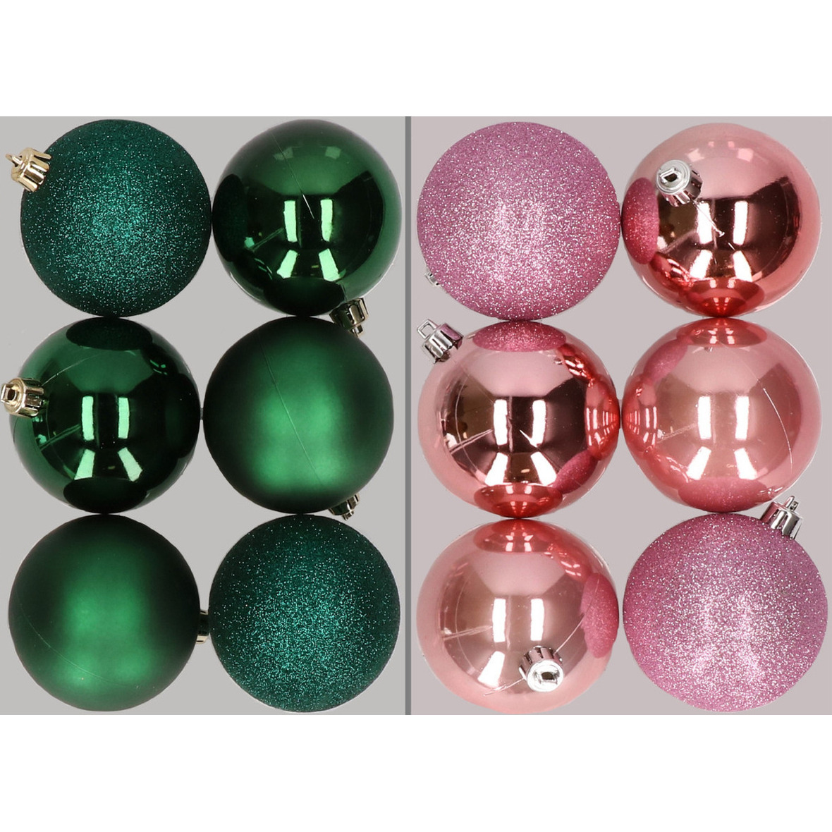 12x stuks kunststof kerstballen mix van donkergroen en roze 8 cm