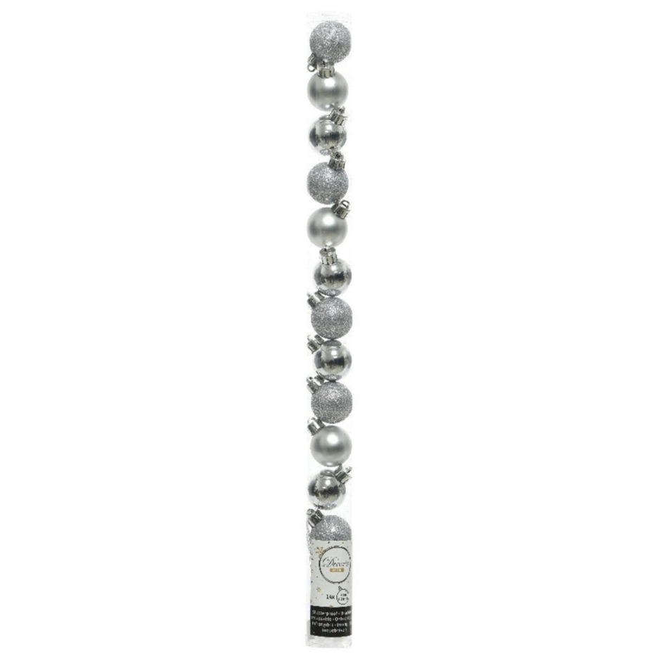 14x stuks kleine zilveren kunststof kerstballen 3 cm glans mat glitter