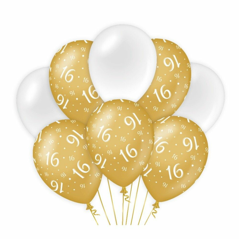 16 jaar leeftijd thema Ballonnen - 8x - goud/wit - Verjaardag - Versiering/feestartikelen