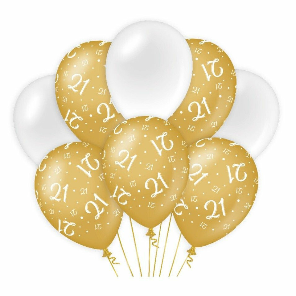 21 jaar leeftijd thema Ballonnen - 8x - goud/wit - Verjaardag - Versiering/feestartikelen