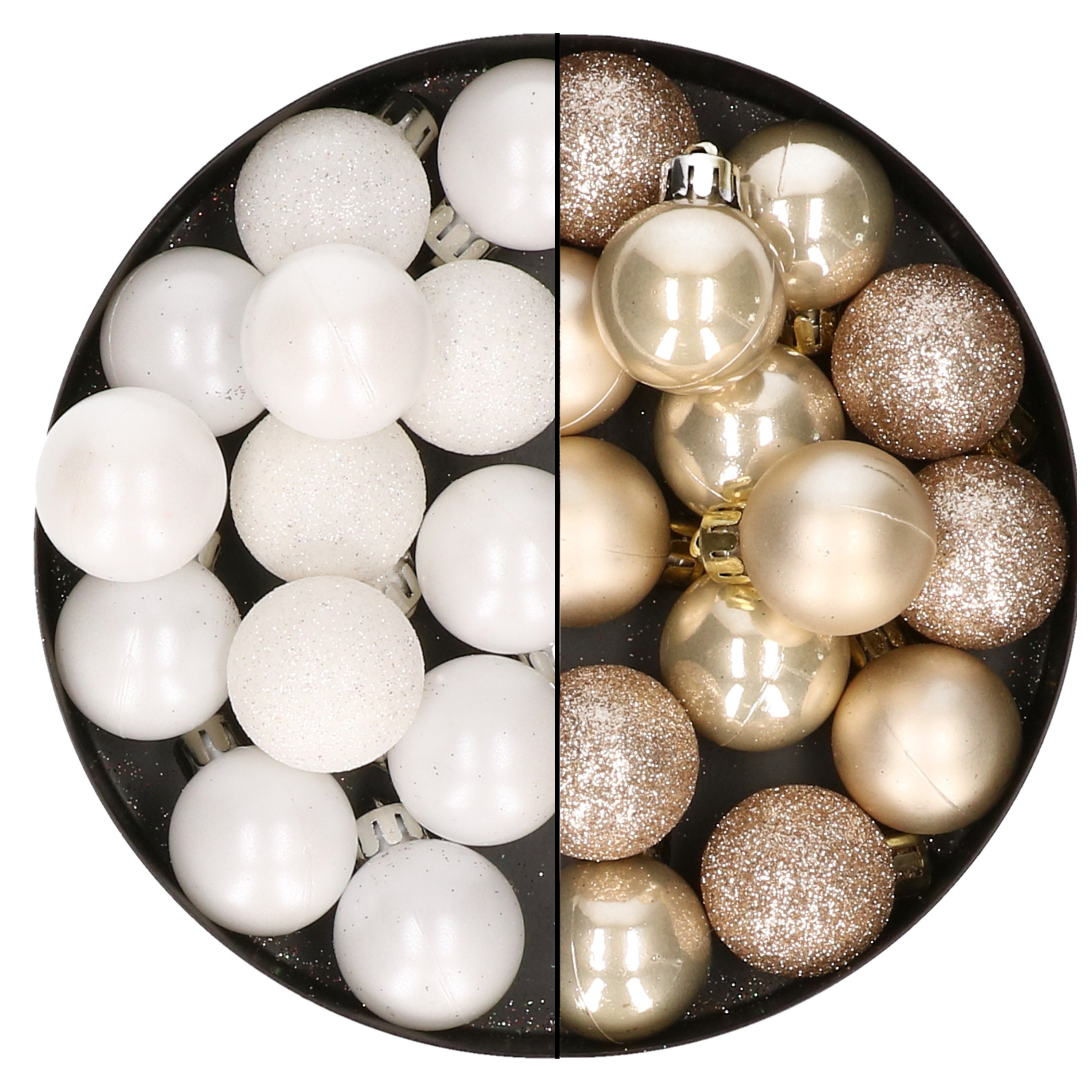 28x stuks kleine kunststof kerstballen wit en champagne 3 cm