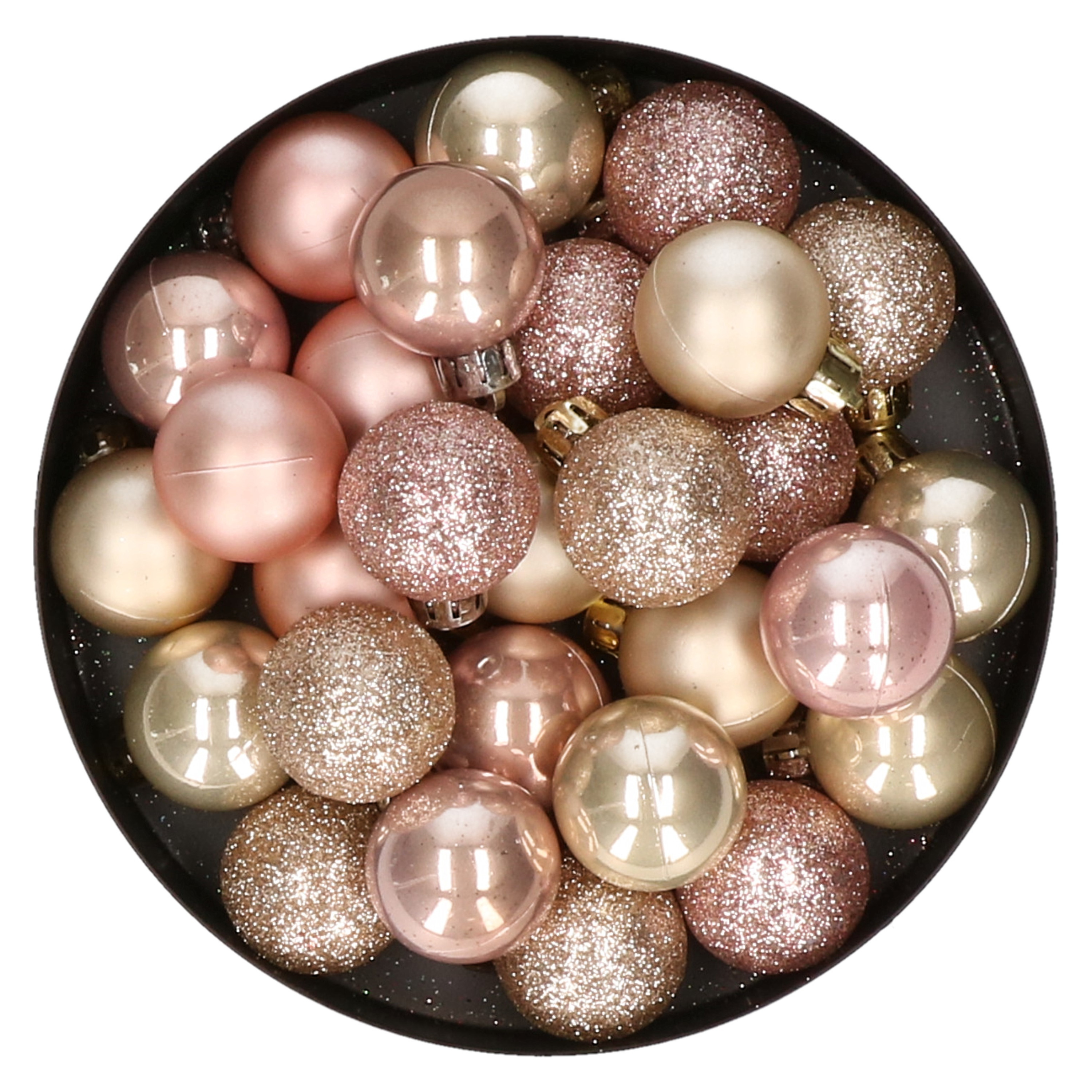 28x stuks kunststof kerstballen parel champagne en lichtroze mix 3 cm
