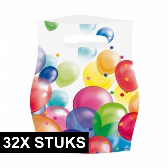 32x Feestzakjes met ballonnenopdruk plastic 16x23cm