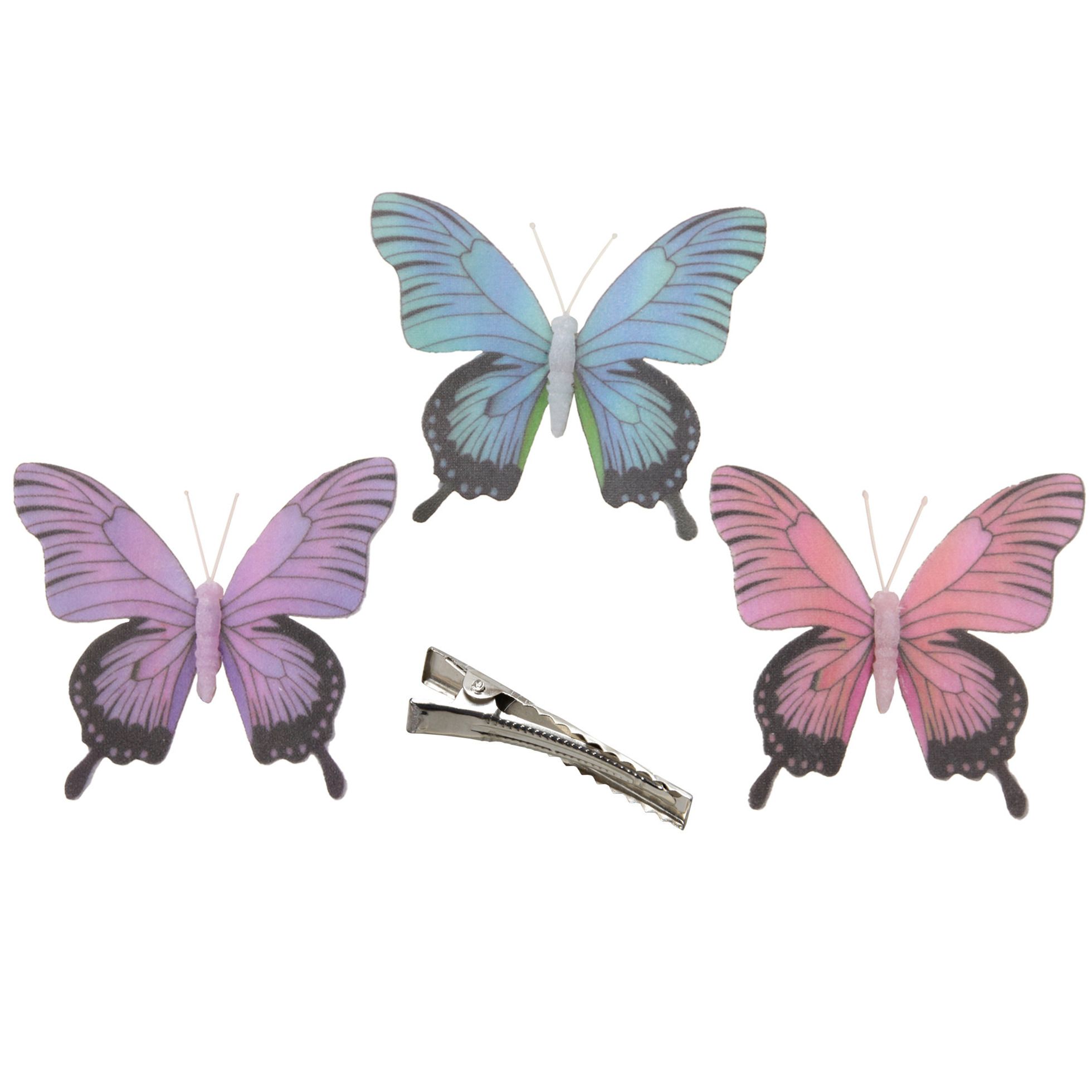 3x stuks decoratie vlinders op clip paars blauw roze 12 cm