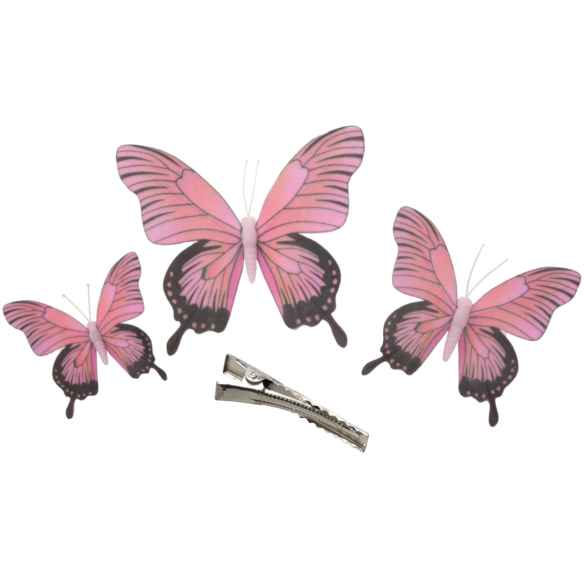 3x stuks decoratie vlinders op clip roze 3 formaten 12 16 20 cm
