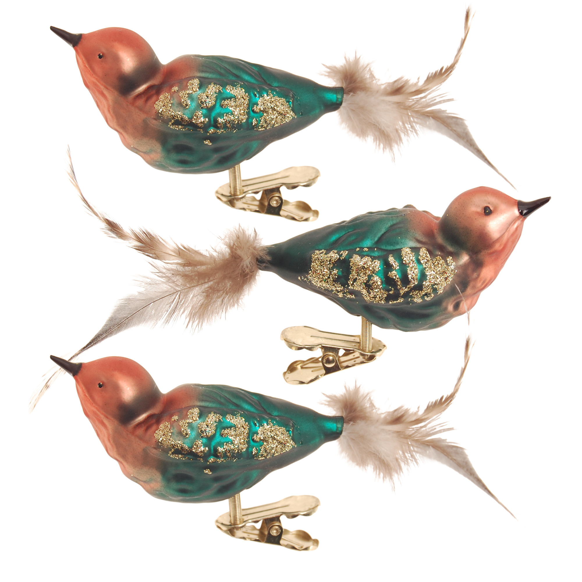 3x stuks luxe glazen decoratie vogels op clip groen bruin 11 cm