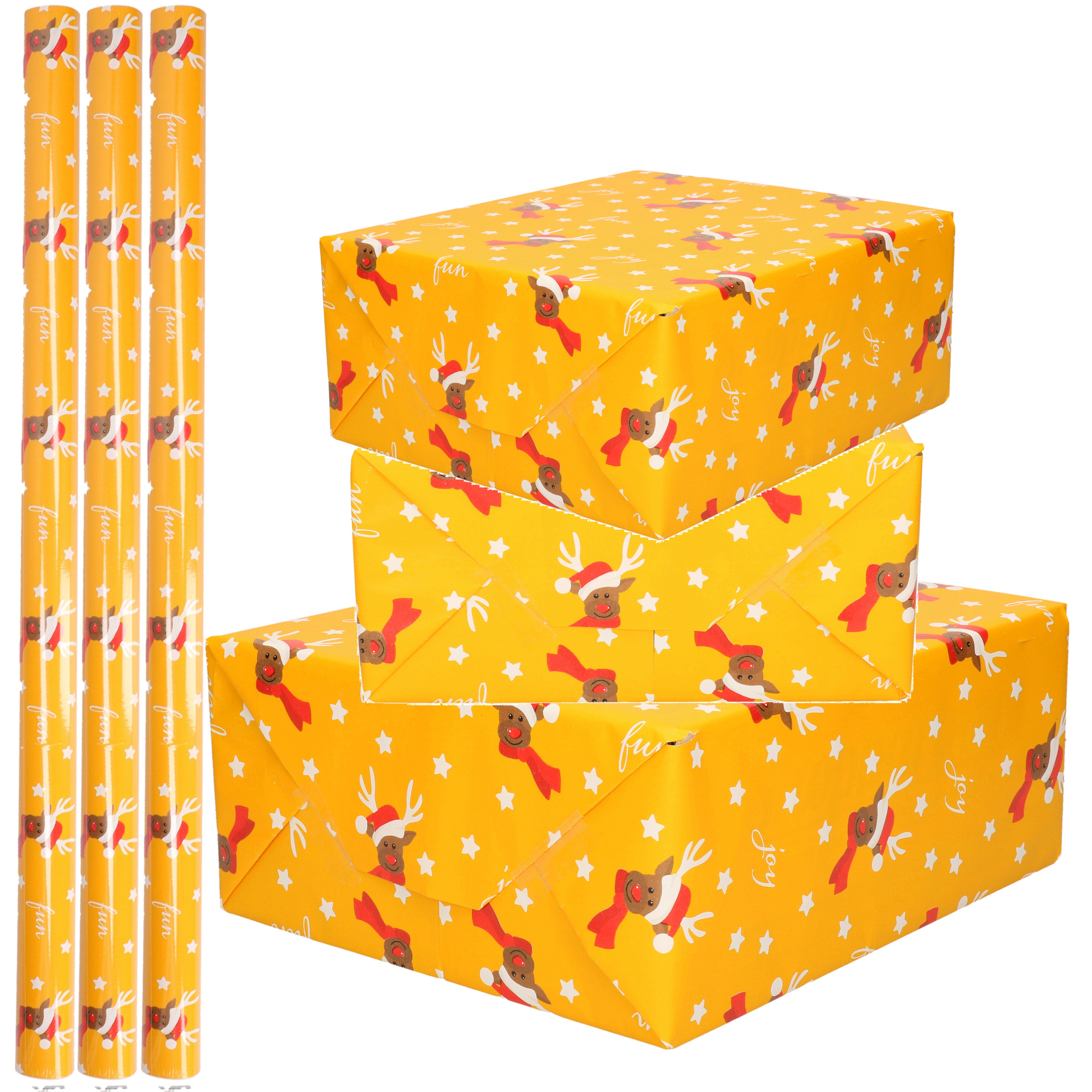 5x Rollen Kerst inpakpapier cadeaupapier oker geel rendieren fun 2,5 x 0,7 meter