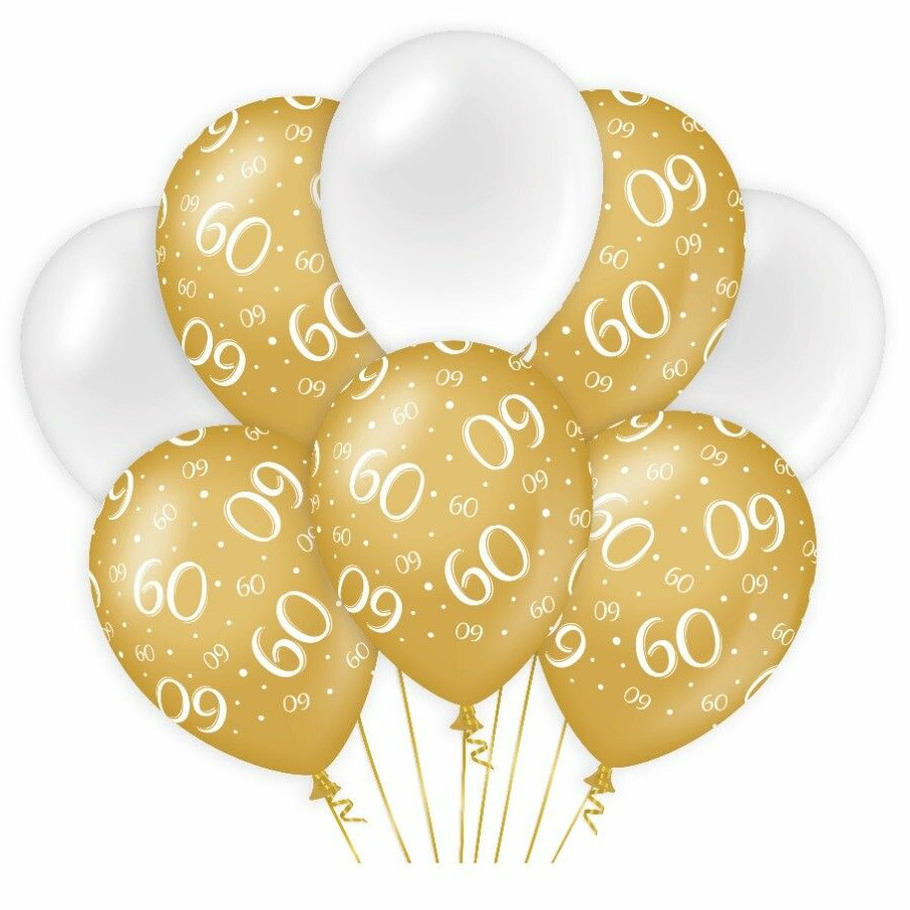 60 jaar leeftijd thema Ballonnen - 8x - goud/wit - Verjaardag - Versiering/feestartikelen