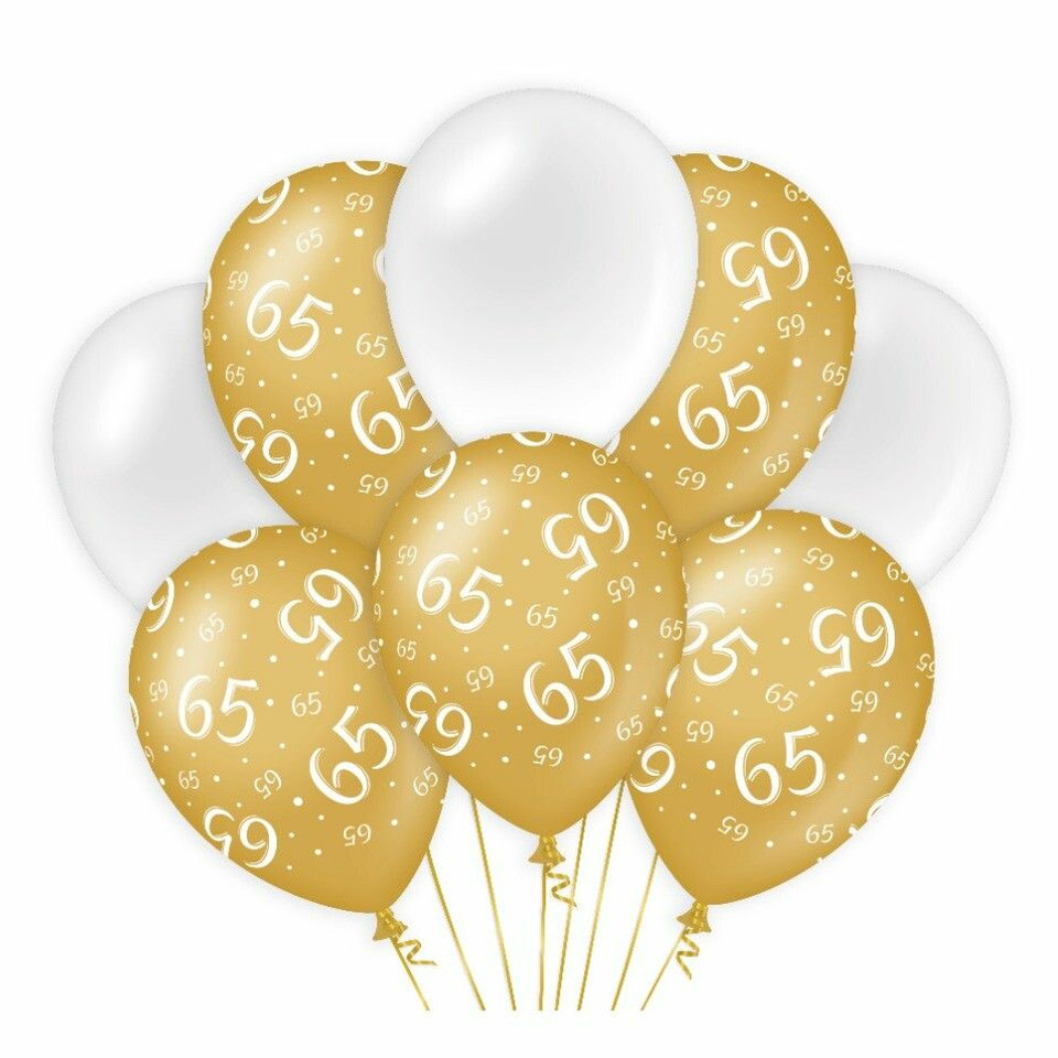65 jaar leeftijd thema Ballonnen - 8x - goud/wit - Verjaardag - Versiering/feestartikelen