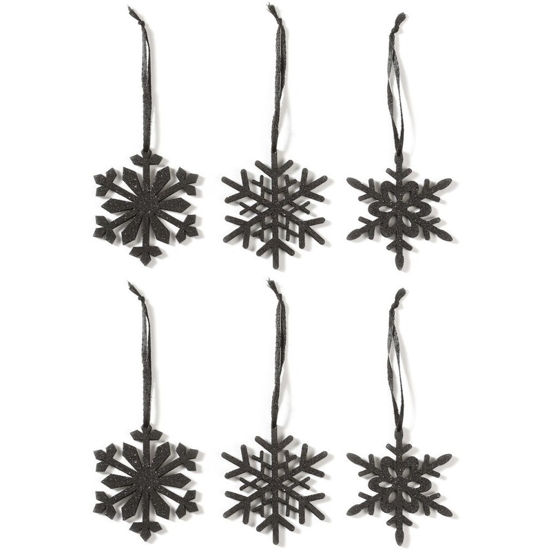 6x Kersthangers figuurtjes zwarte sneeuwvlok ster 7,5 cm