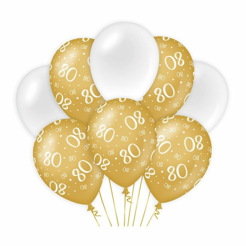 80 jaar leeftijd thema Ballonnen - 8x - goud/wit - Verjaardag - Versiering/feestartikelen