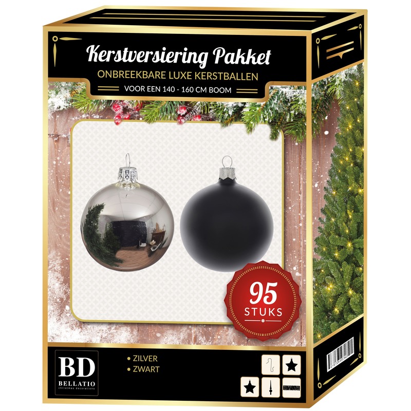 95 stuks Kerstballen mix zilver zwart voor 150 cm boom