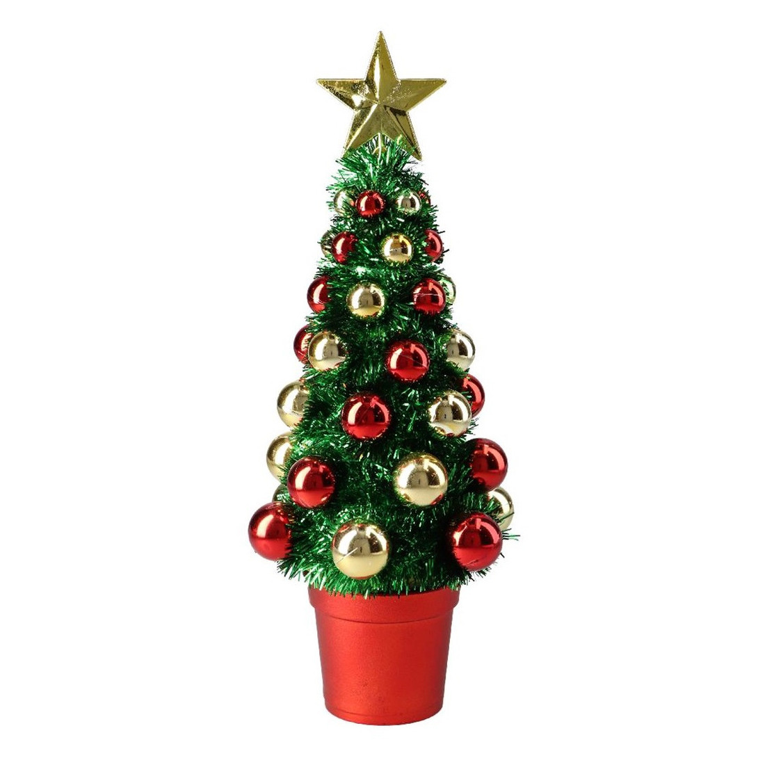 Complete mini kunst kerstboompje kunstboompje groen goud rood met kerstballen 30 cm