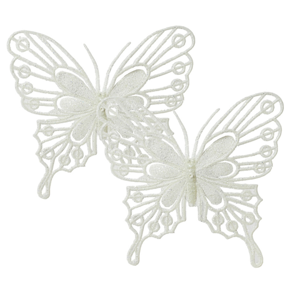 Decoratie vlinders op clip 2x wit 13 cm glitter