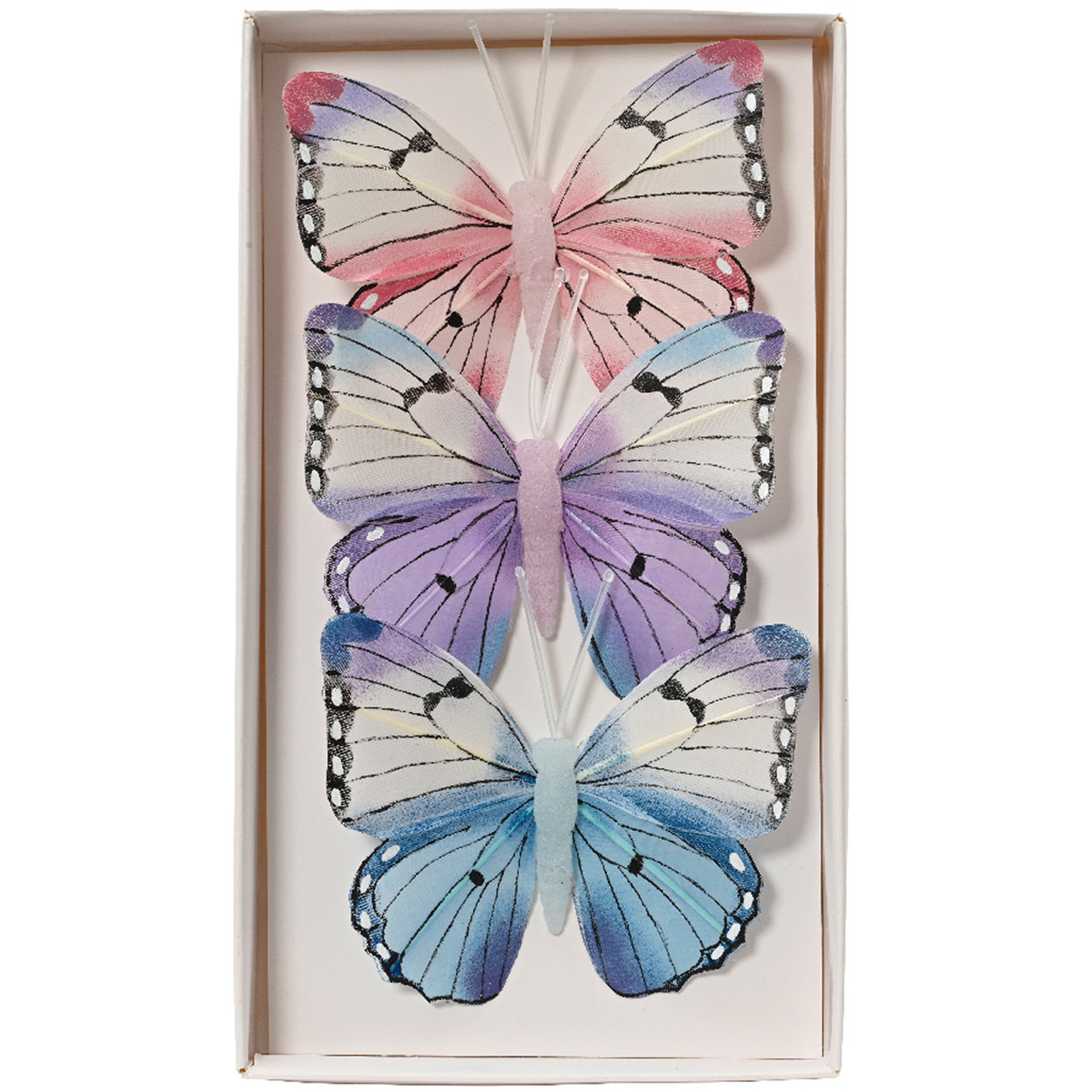 Decoratie vlinders op clip 3x ijsblauw 12 x 8 cm
