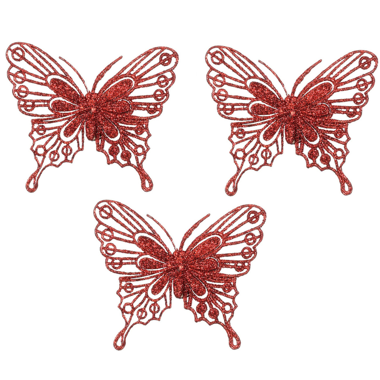 Decoratie vlinders op clip 3x stuks rood 10 cm kunststof