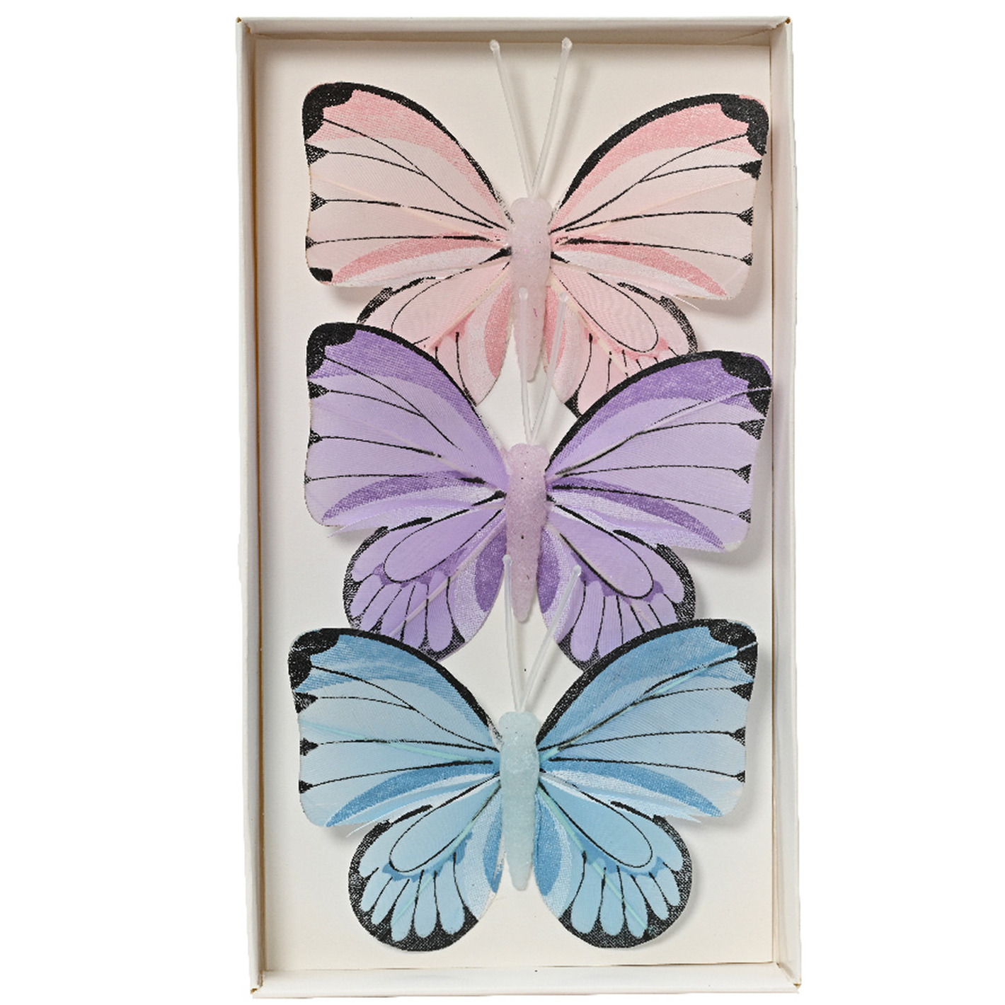 Decoratie vlinders op draad 3x gekleurd 8 x 6 cm