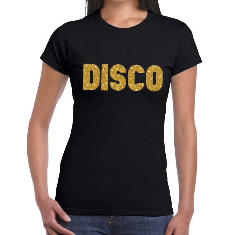 Disco gouden glitter tekst t shirt zwart dames