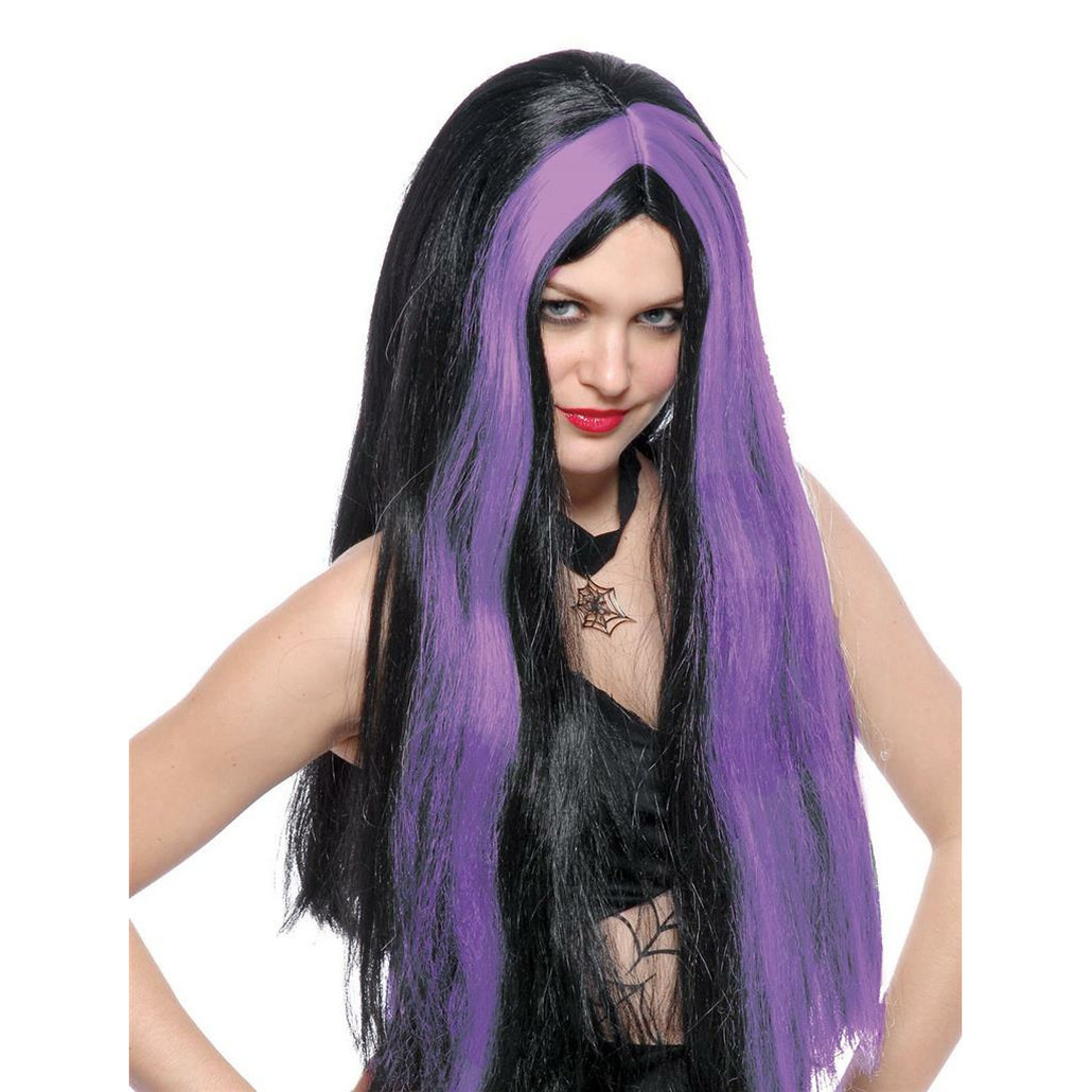 Funny Fashion Heksenpruik lang haar zwart paars dames Halloween