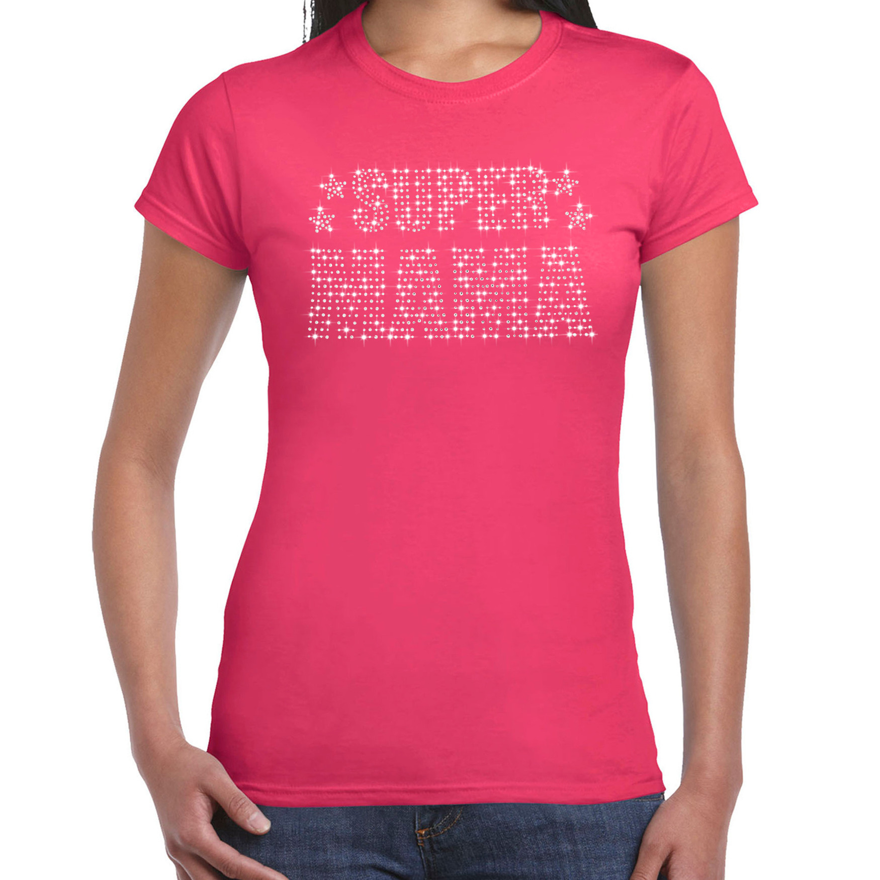 Glitter Super Mama t shirt roze Moederdag cadeau rhinestones steentjes voor dames