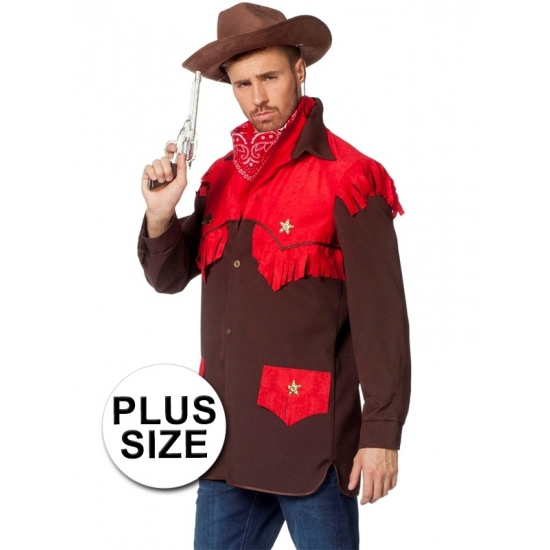 Bruin cowboy verkleed shirt met rode details in grote maten. het shirt is mooi afgewerkt met franjes en ...