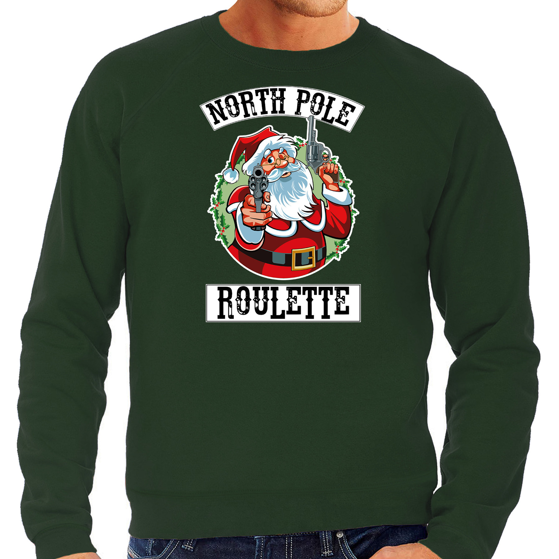 Grote maten foute kerstsweater / outfit northpole roulette groen voor heren. deze kerst sweater / trui is ...