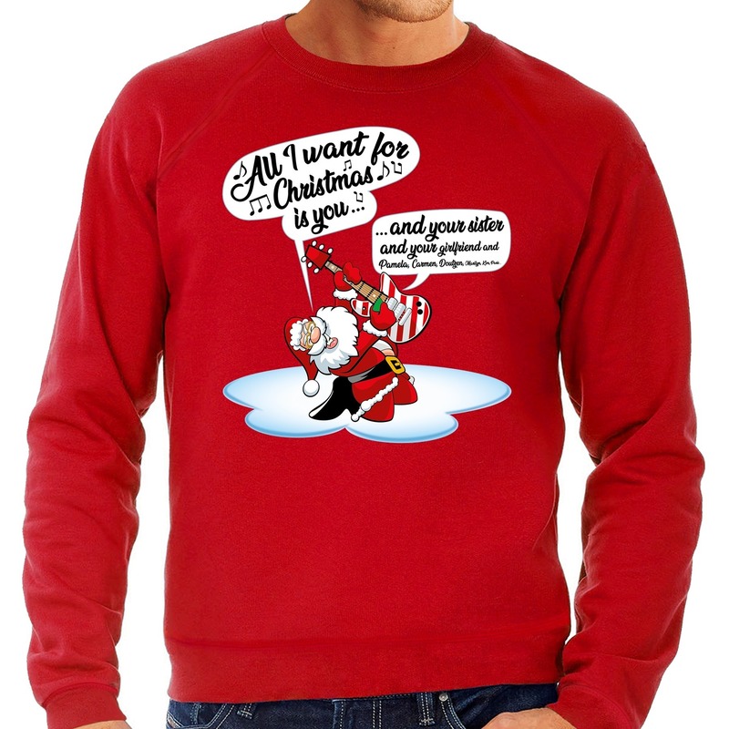 Grote maten foute kersttrui zingende kerstman met gitaar rood voor heren. deze rode kerst trui / sweater is ...