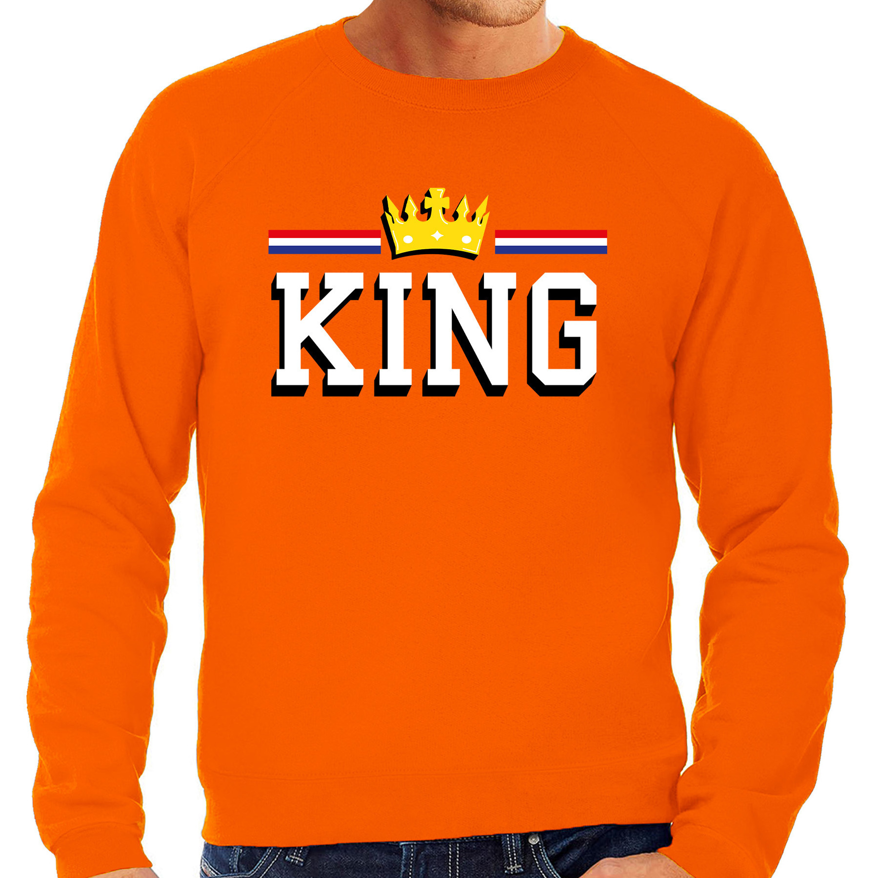 Grote maten king koningsdag sweater oranje voor heren. deze oranje plus size trui is bedrukt met de tekst: ...