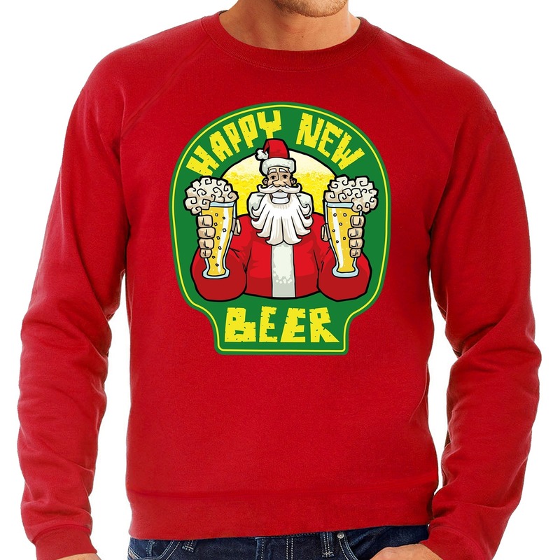 Grote maten foute kersttrui nieuwjaar / kersttrui happy new beer / bier rood voor heren. deze kerst trui / ...