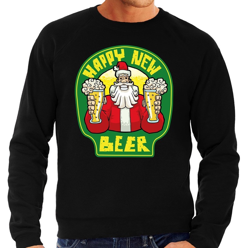 Grote maten foute kersttrui nieuwjaar / kersttrui happy new beer / bier zwart voor heren. deze kerst trui / ...