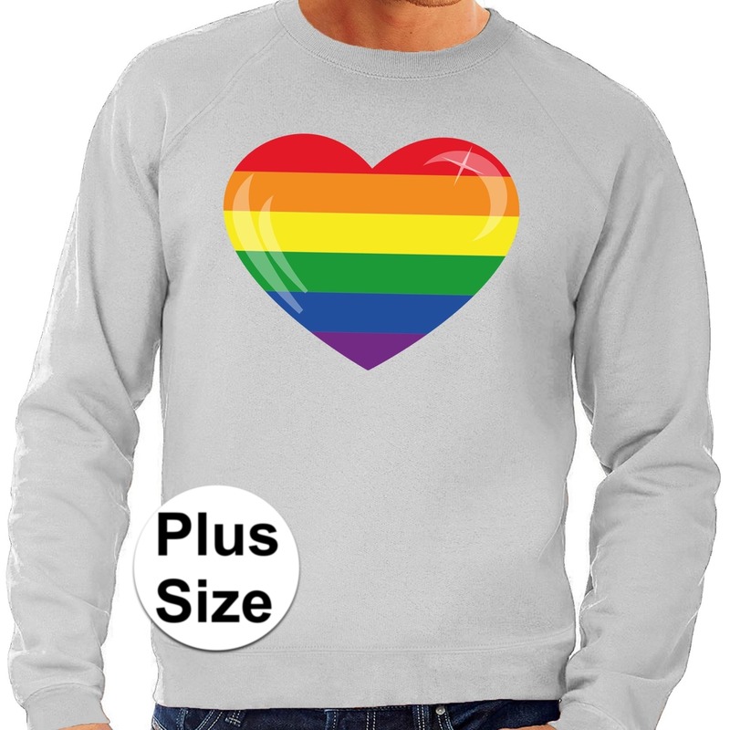 Grote maten regenboog hart sweater grijs voor heren. op deze grijze trui staat in regenboog kleuren een ...