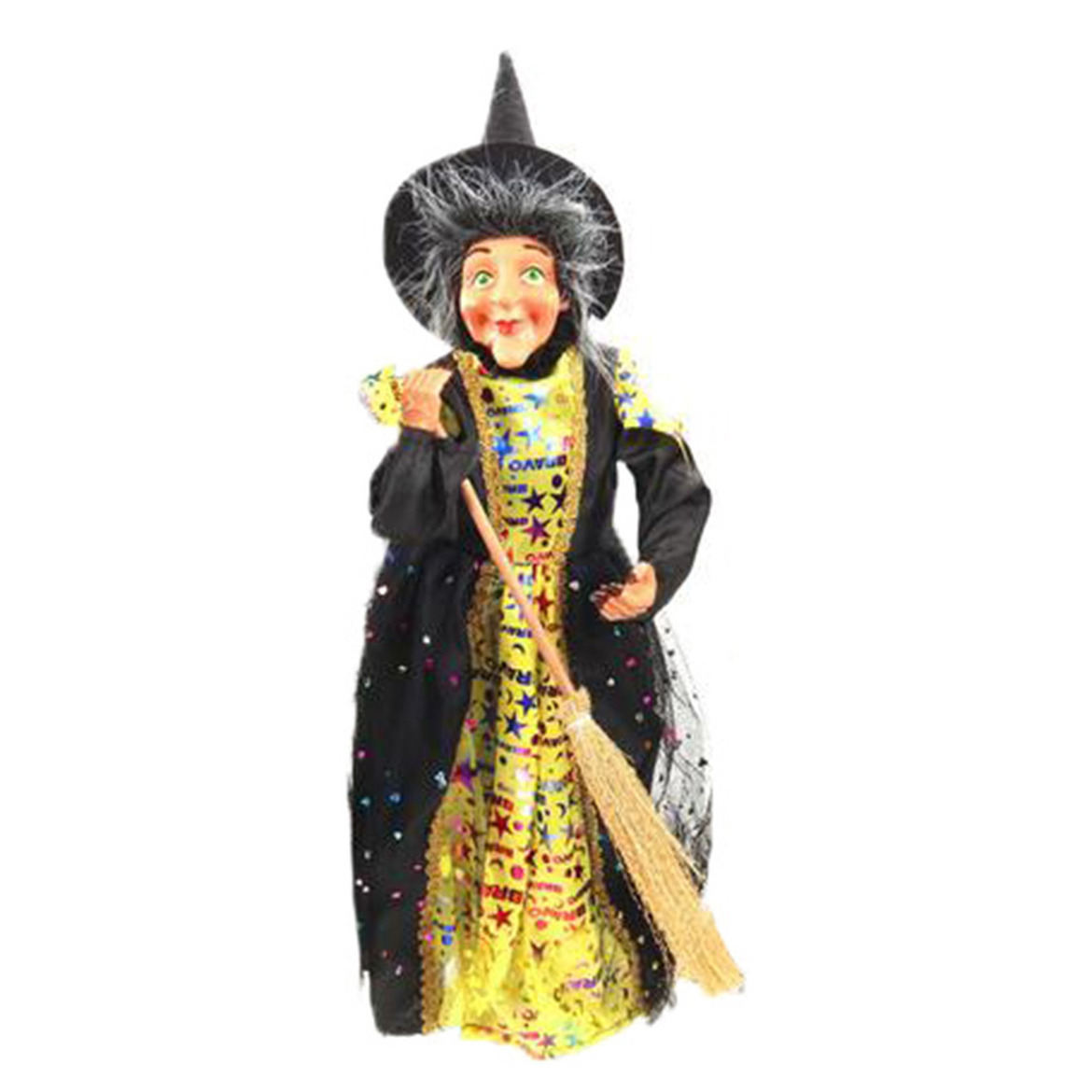 Halloween decoratie heksen pop staand 42 cm zwart geel