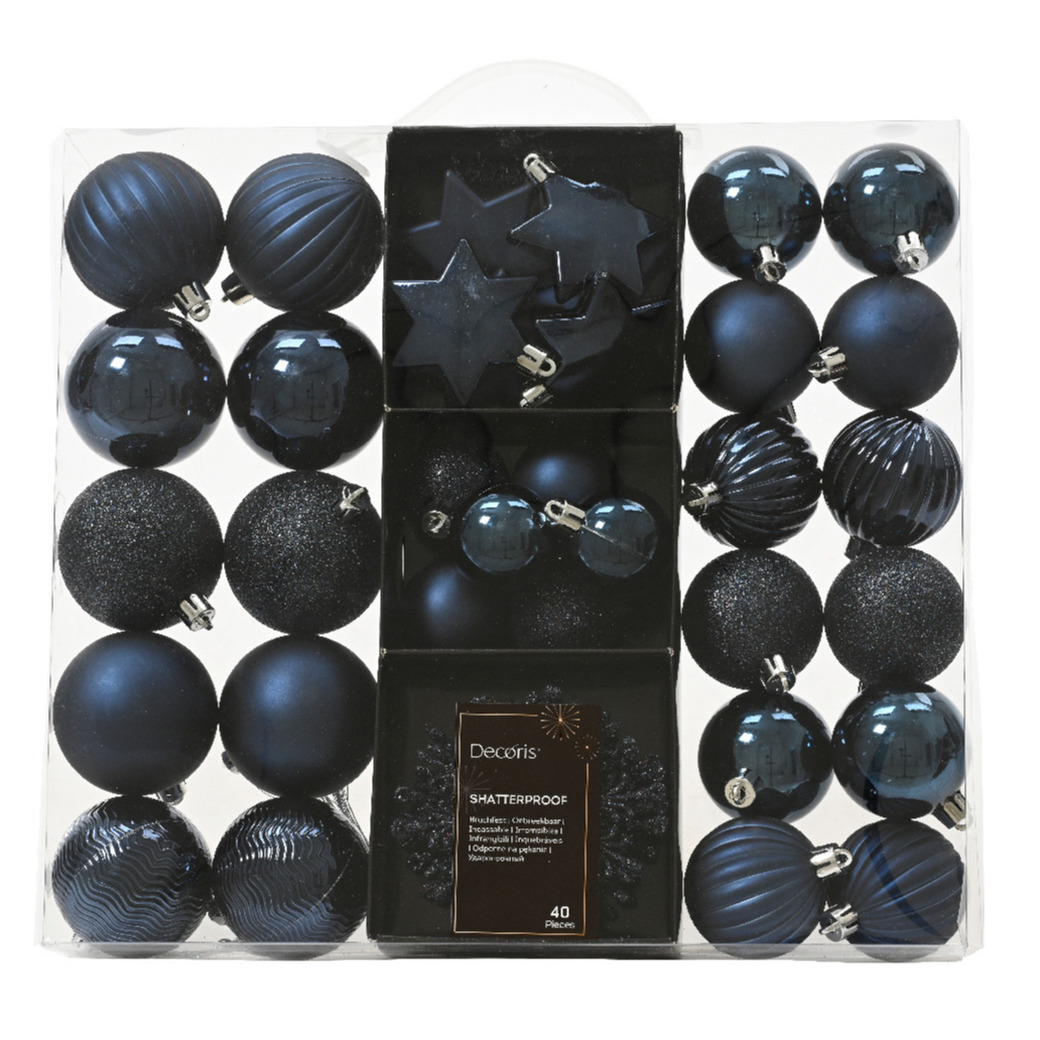 Kerstballen en ornamenten 40x kunststof donkerblauw mix