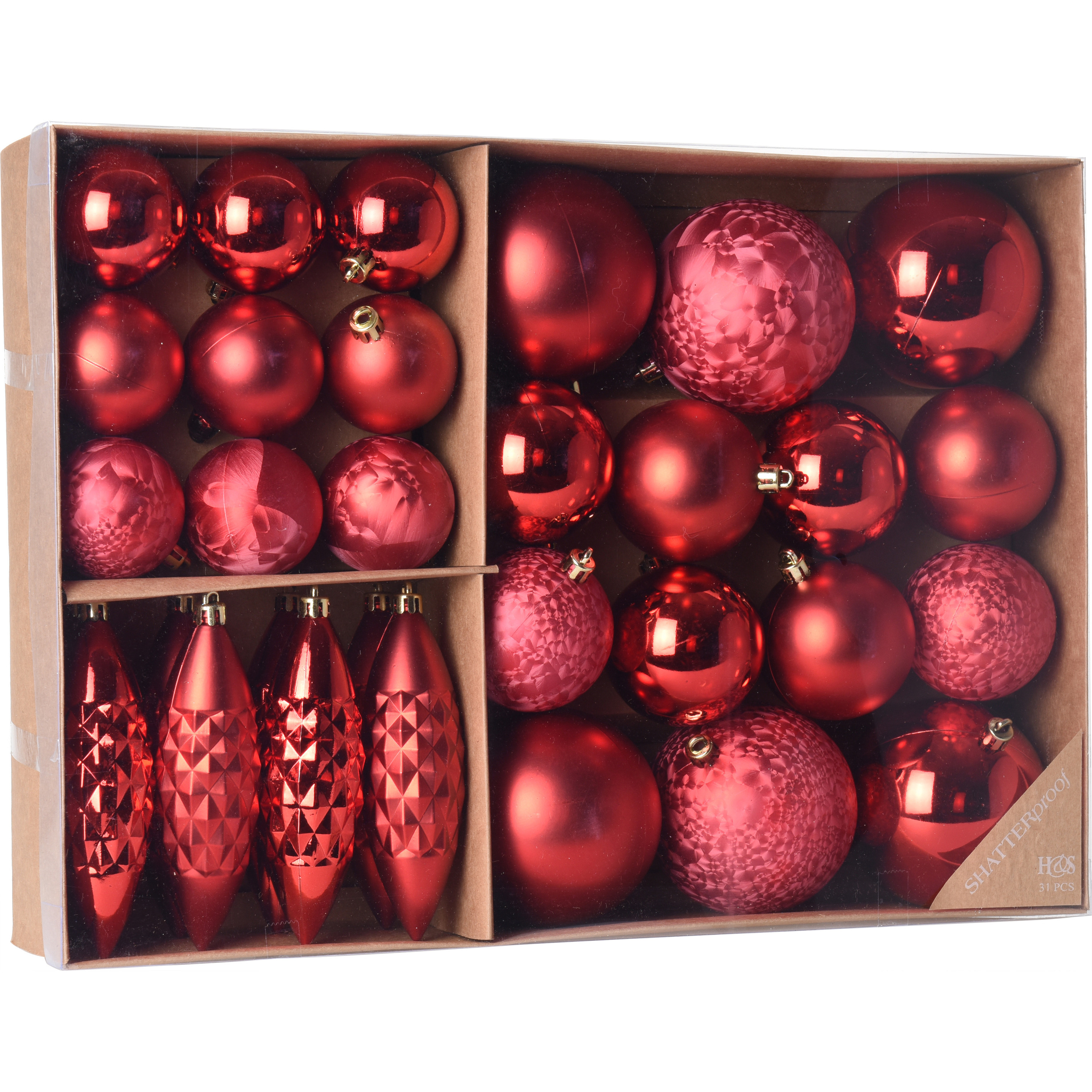 Kerstballen ornamenten pakket 31x rode kunststof kerstballen mix
