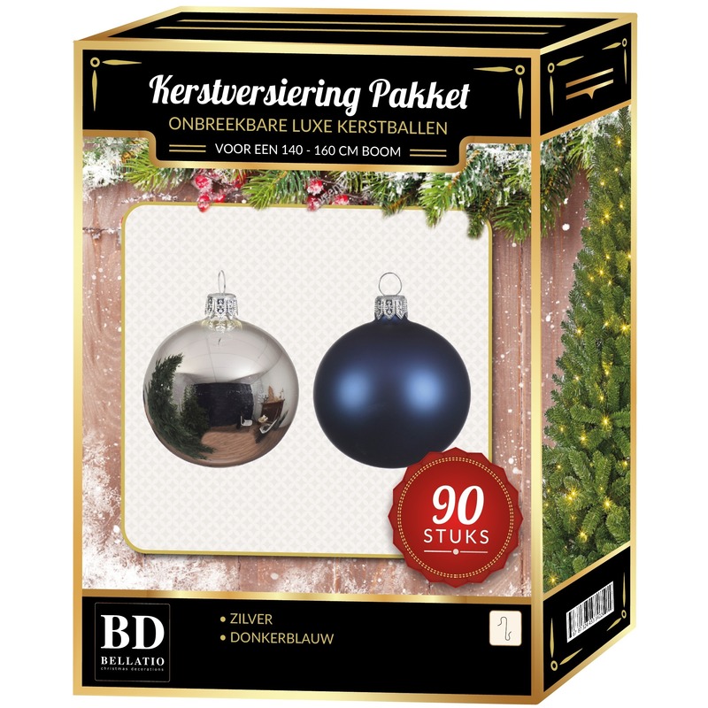 Kerstballen set kunststof 90 delig voor 150cm zilver donkerblauw