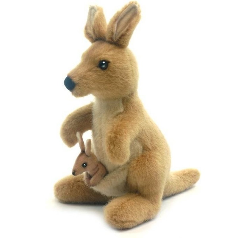 Levensechte Hansa pluche kangoeroe knuffel met baby 20 cm