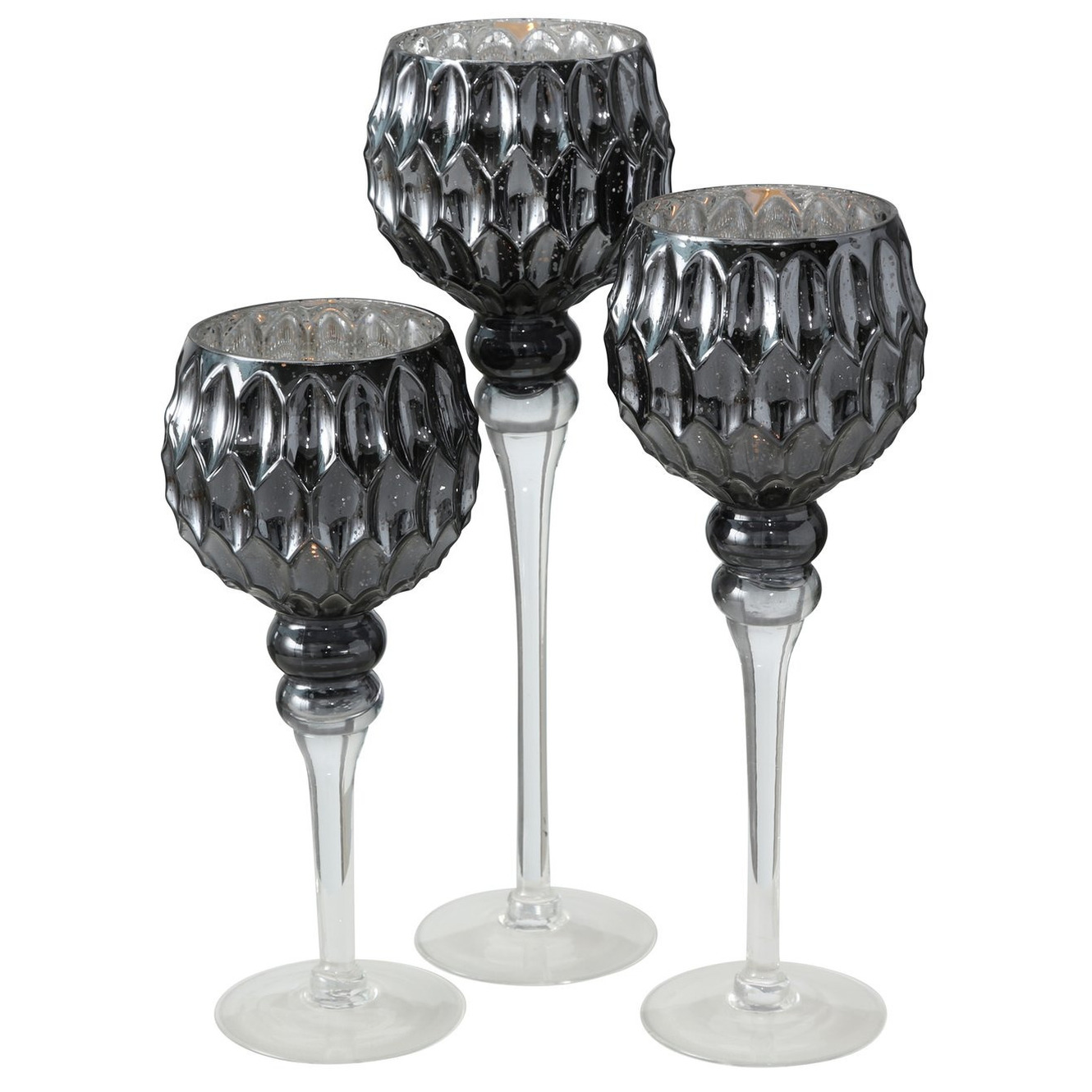 Luxe glazen design kaarsenhouders windlichten set van 3x stuks antraciet zilver transparant 30 40 cm