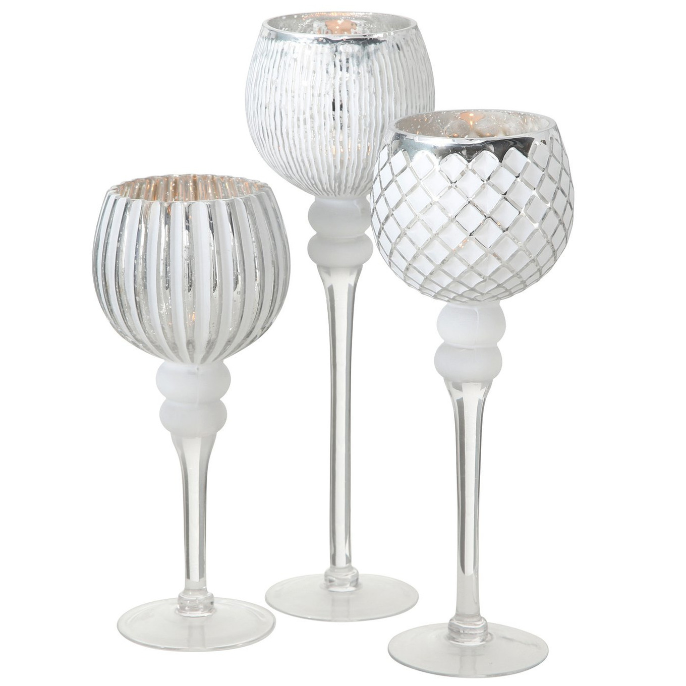 Luxe glazen design kaarsenhouders windlichten set van 3x stuks zilver wit transparant 30 40 cm