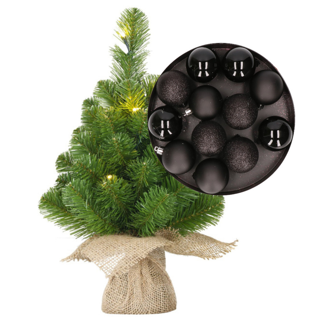 Mini kerstboom kunstboom met verlichting 45 cm en inclusief kerstballen zwart