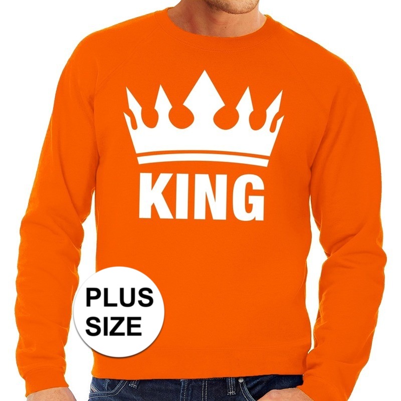 Oranje koningsdag king kroon sweater grote maten voor heren. op deze trui staat een grote witte kroon met ...