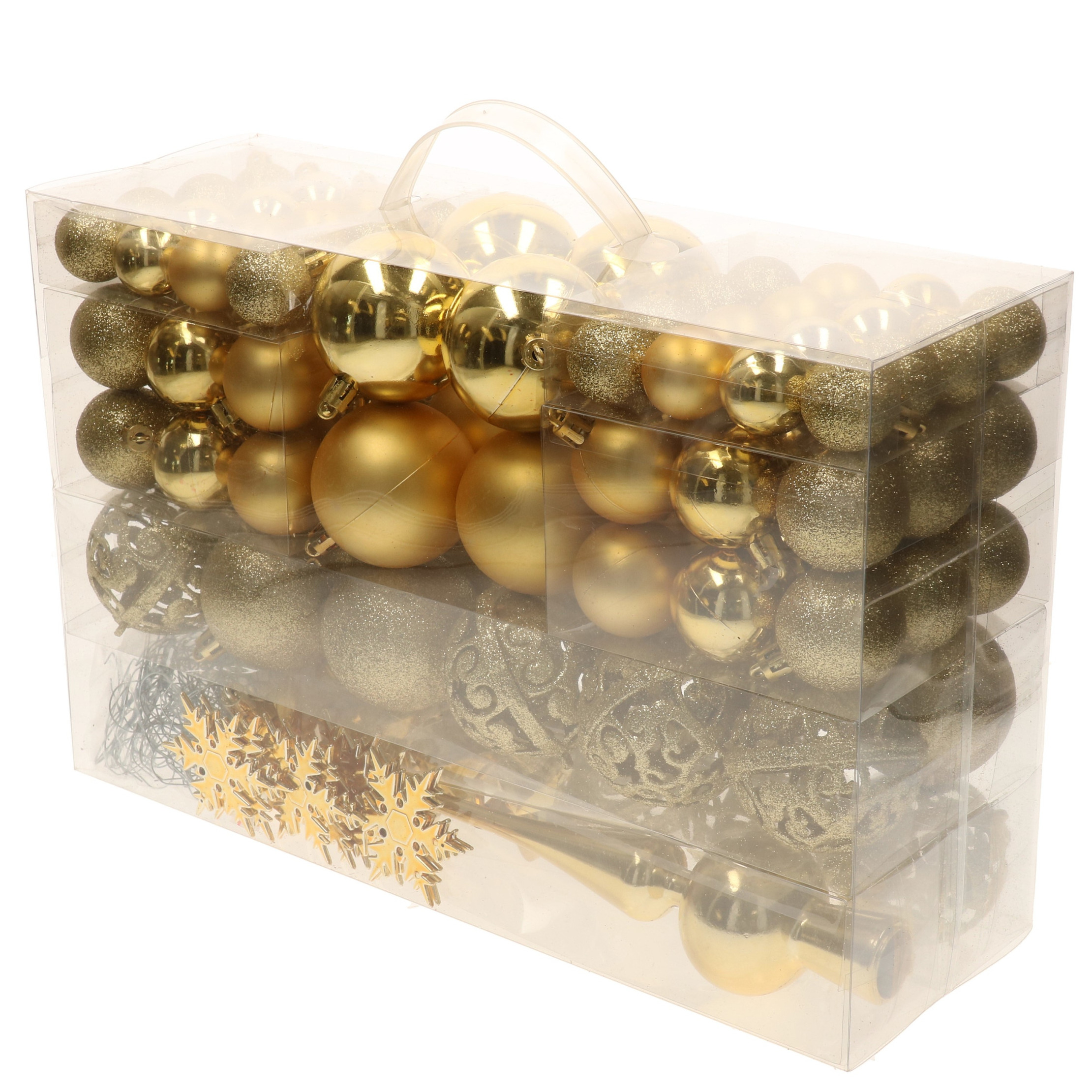 Pakket met 110x stuks kunststof kerstballen ornamenten met piek goud