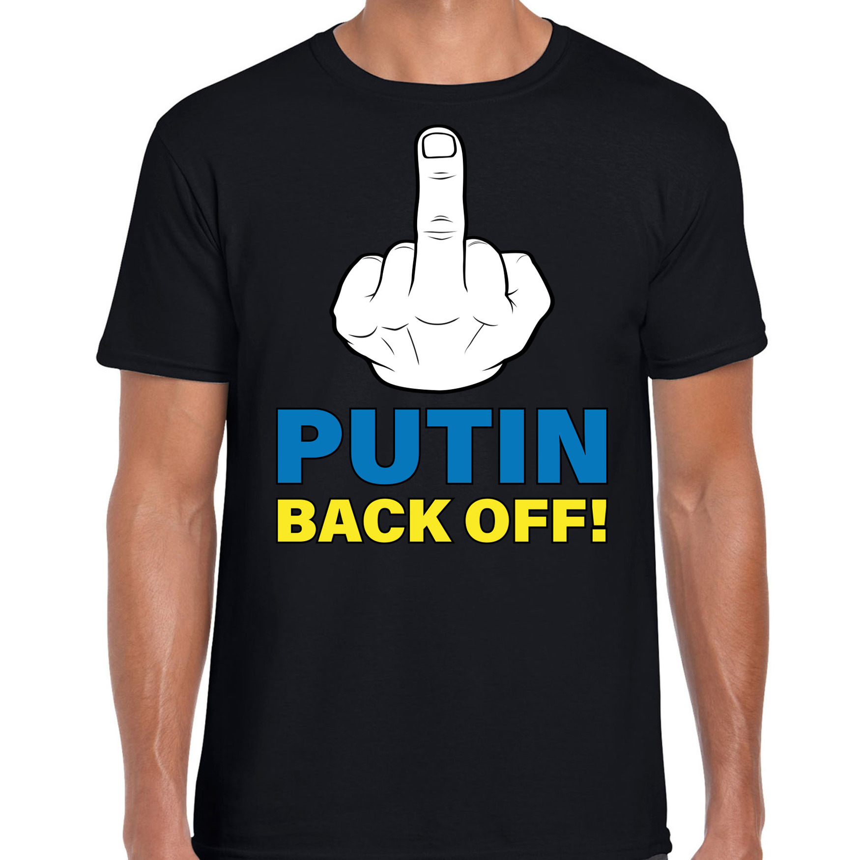 Putin back off middelvinger t shirt zwart heren Oekraine shirt met Oekraiense vlag in letters