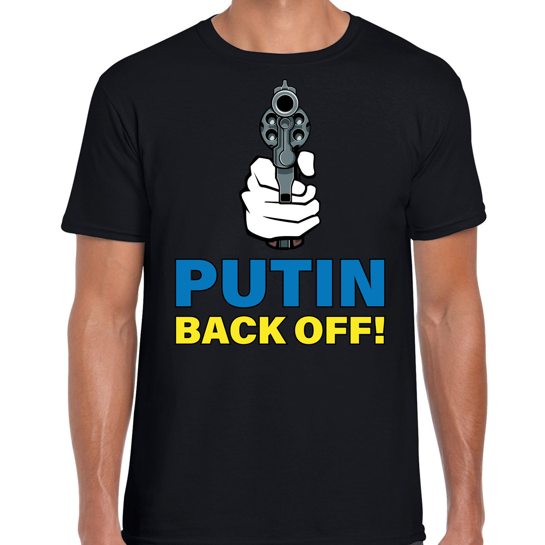 Putin back off pistool t shirt zwart heren Oekraine shirt met Oekraiense vlag in letters