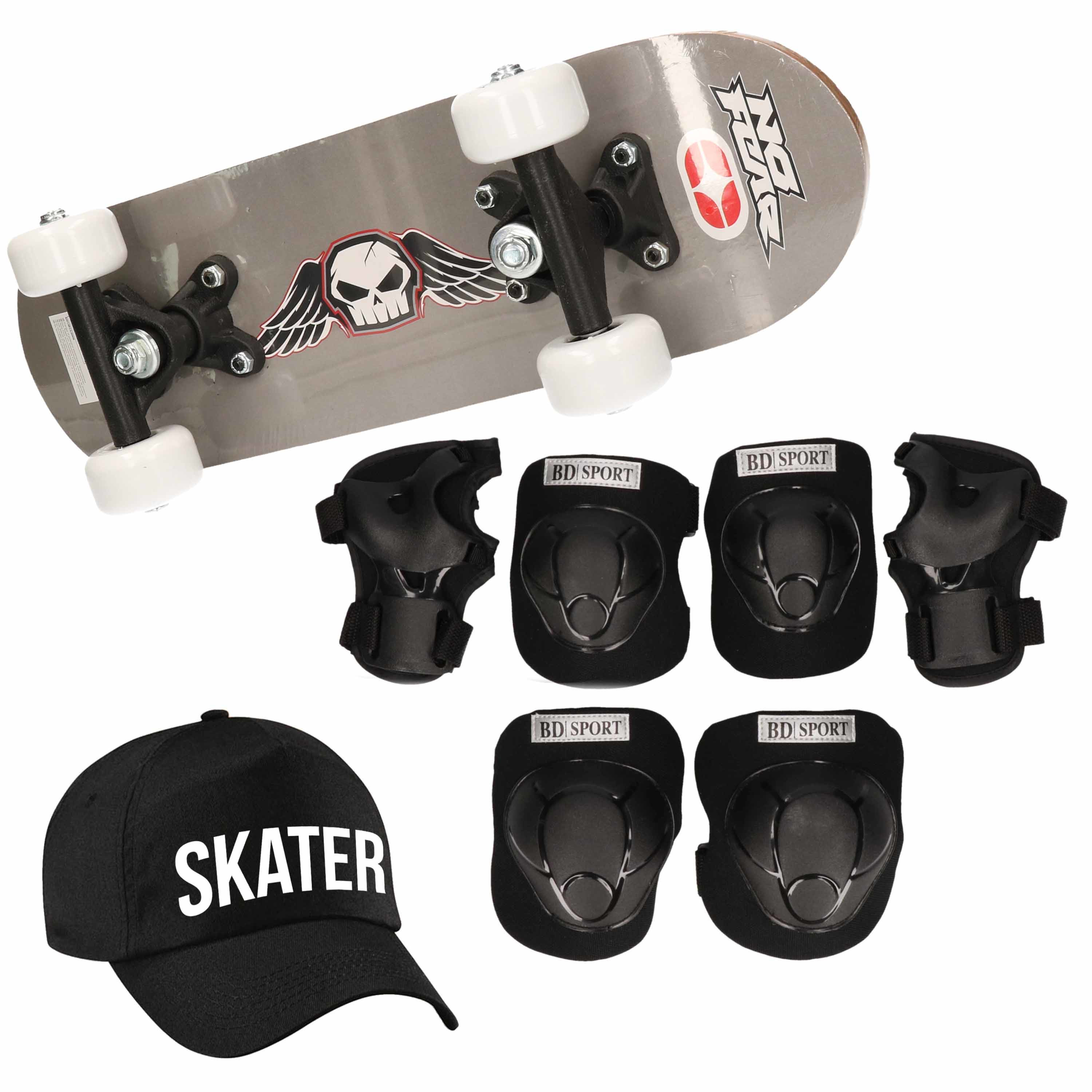 Skateboard set voor kinderen L 9-10 jaar/valbescherming/skater pet/skateboard met print 43 cm grijs